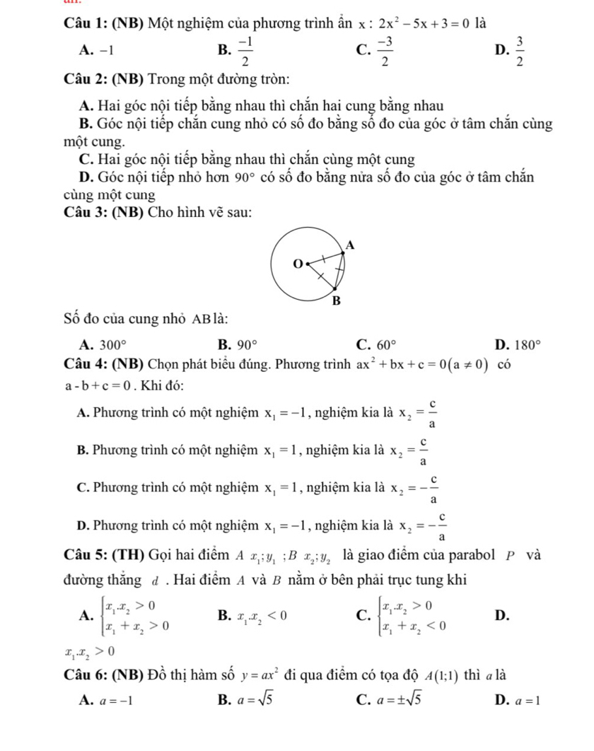 (NB) Một nghiệm của phương trình ẩn x:2x^2-5x+3=0 là
A. −1 B.  (-1)/2  C.  (-3)/2  D.  3/2 
Câu 2: (NB) Trong một đường tròn:
A. Hai góc nội tiếp bằng nhau thì chắn hai cung bằng nhau
B. Góc nội tiếp chắn cung nhỏ có số đo bằng số đo của góc ở tâm chắn cùng
một cung.
C. Hai góc nội tiếp bằng nhau thì chắn cùng một cung
D. Góc nội tiếp nhỏ hơn 90° có số đo bằng nửa số đo của góc ở tâm chắn
cùng một cung
Câu 3: (NB) Cho hình vẽ sau:
Số đo của cung nhỏ AB là:
A. 300° B. 90° C. 60° D. 180°
Câu 4: (NB) Chọn phát biểu đúng. Phương trình ax^2+bx+c=0(a!= 0) □ có
a-b+c=0. Khi đó:
A. Phương trình có một nghiệm x_1=-1 , nghiệm kia là x_2= c/a 
B. Phương trình có một nghiệm x_1=1 , nghiệm kia là x_2= c/a 
C. Phương trình có một nghiệm x_1=1 , nghiệm kia là x_2=- c/a 
D. Phương trình có một nghiệm x_1=-1 , nghiệm kia là x_2=- c/a 
Câu 5: (TH) Gọi hai điểm Ax_1;y_1;Bx_2;y_2 là giao điểm của parabol P và
đường thắng đ . Hai điểm A và B nằm ở bên phải trục tung khi
A. beginarrayl x_1.x_2>0 x_1+x_2>0endarray. B. x_1.x_2<0</tex> C. beginarrayl x_1x_2>0 x_1+x_2<0endarray. D.
x_1.x_2>0
Câu 6: (NB) Đồ thị hàm số y=ax^2 đi qua điểm có tọa độ A(1;1) thì a là
B. a=sqrt(5) C. a=± sqrt(5)
A. a=-1 D. a=1