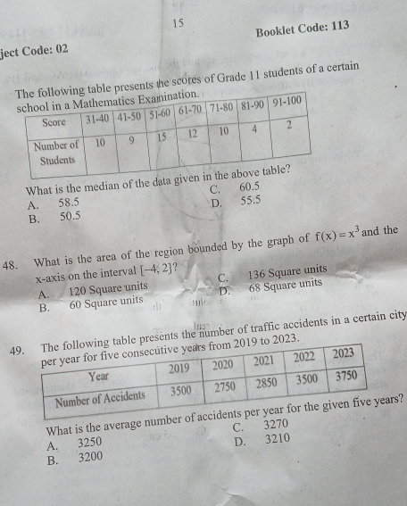 ject Code: 02 Booklet Code: 113
esents the scores of Grade 11 students of a certain
What is the median of t
C. . 60.5
A. 58.5 D. 55.5
B. 50.5
48. What is the area of the region bounded by the graph of f(x)=x^3 and the
x-axis on the interval [-4,2] ?
A. 120 Square units C. 136 Square units
B. 60 Square units D. 68 Square units
4 table presents the number of traffic accidents in a certain city
19 to 2023.
What is the averas?
A. 3250 C. 32
B. 3200 D. 3210