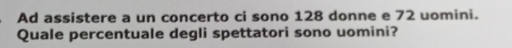 Ad assistere a un concerto ci sono 128 donne e 72 uomini. 
Quale percentuale degli spettatori sono uomini?