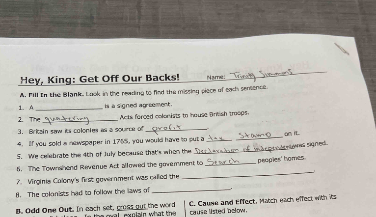Hey, King: Get Off Our Backs! Name: A. Fill In the Blank. Look in the reading to find the [Others]