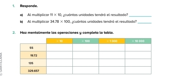 Responde.
a) Al multiplicar 11* 10 acuántas unidades tendrá el resultado?_
b) Al multiplicar 34.78* 100 ¿cuántas unidades tendrá el resultado?_
2. Haz mentalmente las operaciones y completa la tabla.
: