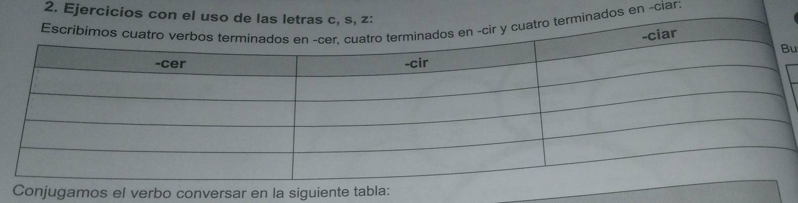 Ejercicios con e 
ados en -ciar: 
u 
Conjugamos el verbo conversar en la siguiente tabla: