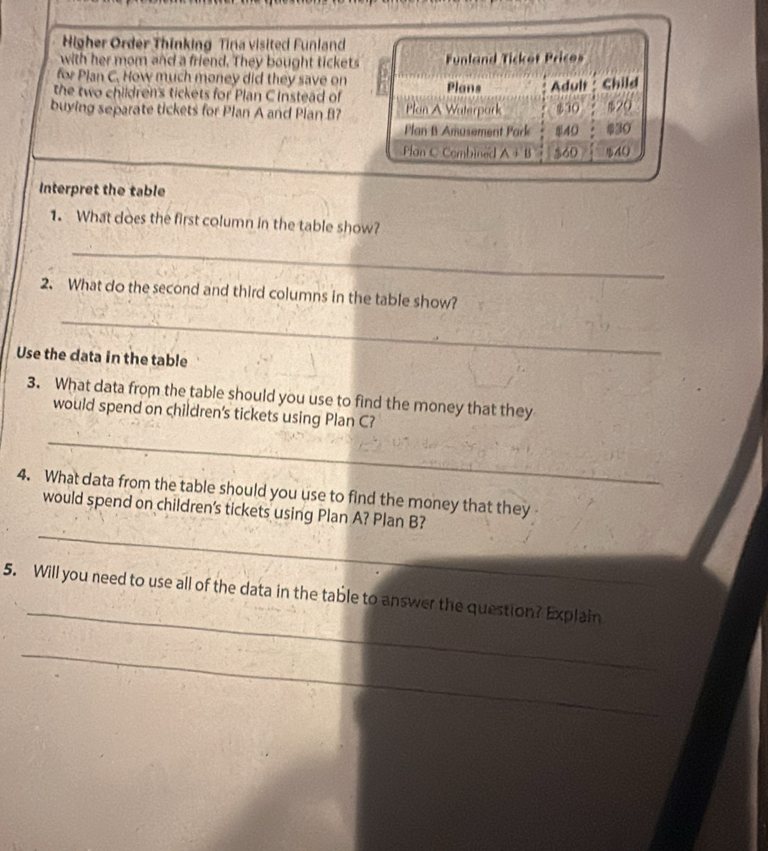 Higher Order Thinking Tina visited Funland 
with her mom and a friend. They bought tickets 
for Plan C. How much money did they save on 
the two children's tickets for Plan C Instead of 
buying separate tickets for Plan A and Plan B? 
Interpret the table 
1. What does the first column in the table show? 
_ 
2. What do the second and third columns in the table show? 
_ 
Use the data in the table 
3. What data from the table should you use to find the money that they 
would spend on children's tickets using Plan C? 
_ 
4. What data from the table should you use to find the money that they 
_ 
would spend on children's tickets using Plan A? Plan B? 
_ 
5. Will you need to use all of the data in the table to answer the question? Explain 
_