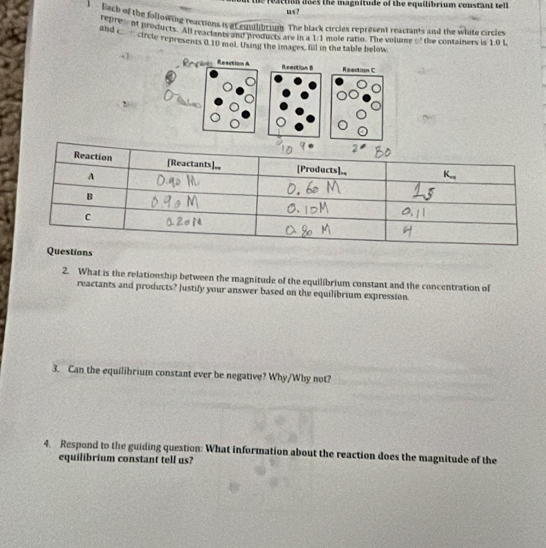 the reaction does the magnitude of the equilibrium constant tell 
us? 
1 Each of the following reactions is at equlibrium. The black circles represent reactants and the white circles 
repre nt products. All reactants and products are in a 1:1 mole ratio. The volume f the containers is 1.0 l
and c circie represents 0.10 mol. Using the images, fill in the table below 
Reclos Reaction A 
Questions 
2. What is the relationship between the magnitude of the equilibrium constant and the concentration of 
reactants and products? Justify your answer based on the equilibrium expression. 
3. Can the equilibrium constant ever be negative? Why/Why not? 
4. Respond to the guiding question: What information about the reaction does the magnitude of the 
equilibrium constant tell us?