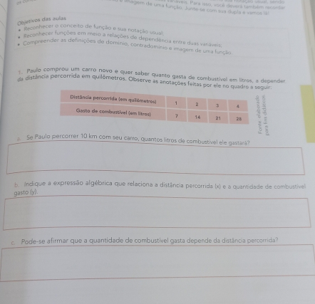 aveis. Pará isso, vocé deverá também recontar 
1 lmagem de uma função. Junte se com sus dupta e samos lál 
Objetivos das aulas 
Reconhecer o conceito de função e sua notação usual 
Reconhecer funções em meio a relações de dependência entre duas vanáveis, 
compreender as definições de domínio, contradomínio e imagem de uma função 
Paulo comprou um carro novo e quer saber quanto gasta de combustível em litros, a depender 
s distância percorrida em quilômetros. Observe as anotações feitas por eleuir 
Se Paulo percorrer 10 km com seu carro, quantos litros de combustivel ele gastará? 
b. Andique a expressão algébrica que relaciona a distância percorrida (x) e a quantidade de combustivel 
gasto (y). 
c. Pode-se afirmar que a quantidade de combustível gasta depende da distância percorrida?