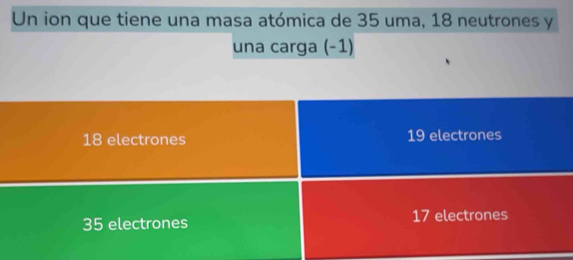 Un ion que tiene una masa atómica de 35 uma, 18 neutrones y
una carga (-1)
18 electrones 19 electrones
35 electrones 17 electrones