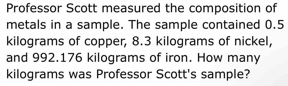 Professor Scott measured the composition of 
metals in a sample. The sample contained 0.5
kilograms of copper, 8.3 kilograms of nickel, 
and 992.176 kilograms of iron. How many
kilograms was Professor Scott's sample?