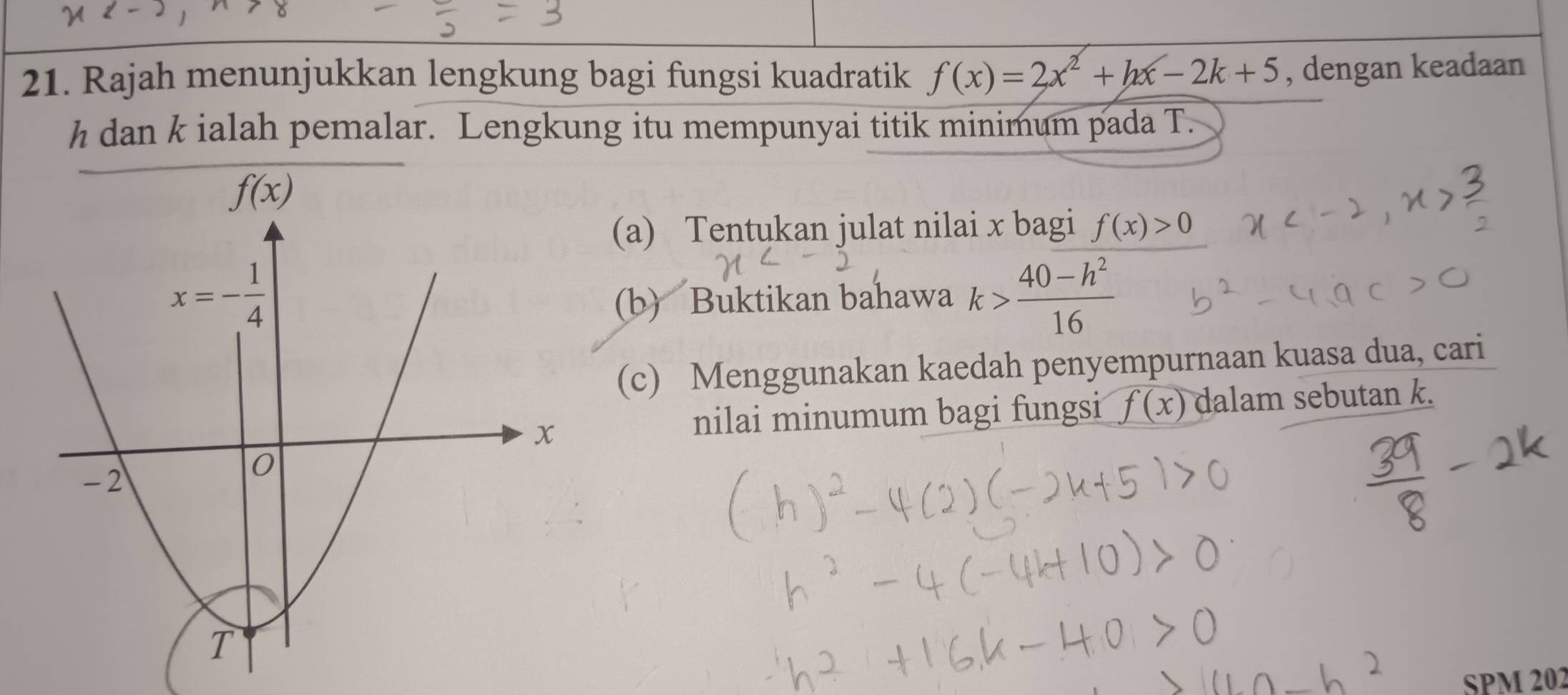 Rajah menunjukkan lengkung bagi fungsi kuadratik f(x)=2x^2+hx-2k+5 , dengan keadaan
h dan k ialah pemalar. Lengkung itu mempunyai titik minimum pada T.
(a) Tentukan julat nilai x bagi f(x)>0
(b) Buktikan bahawa k> (40-h^2)/16 
(c) Menggunakan kaedah penyempurnaan kuasa dua, cari
nilai minumum bagi fungsi f(x) dalam sebutan k.
SPM 202