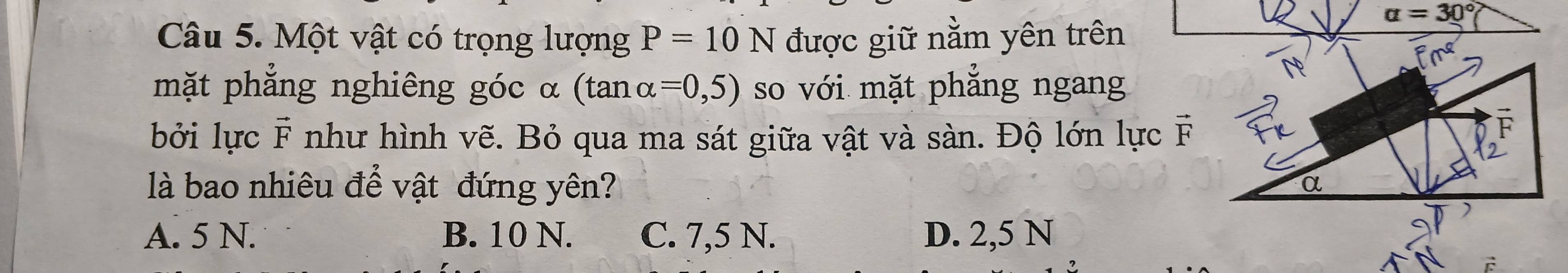 alpha =30°
Câu 5. Một vật có trọng lượng P=10N được giữ nằm yên trên
Fn^Q
mặt phẳng nghiêng góc α (tan alpha =0,5) so với mặt phẳng ngang
bởi lực F như hình vẽ. Bỏ qua ma sát giữa vật và sàn. Độ lớn lực vector F
F
là bao nhiêu để vật đứng yên?
α
A. 5 N. B. 10 N. C. 7,5 N. D. 2,5 N