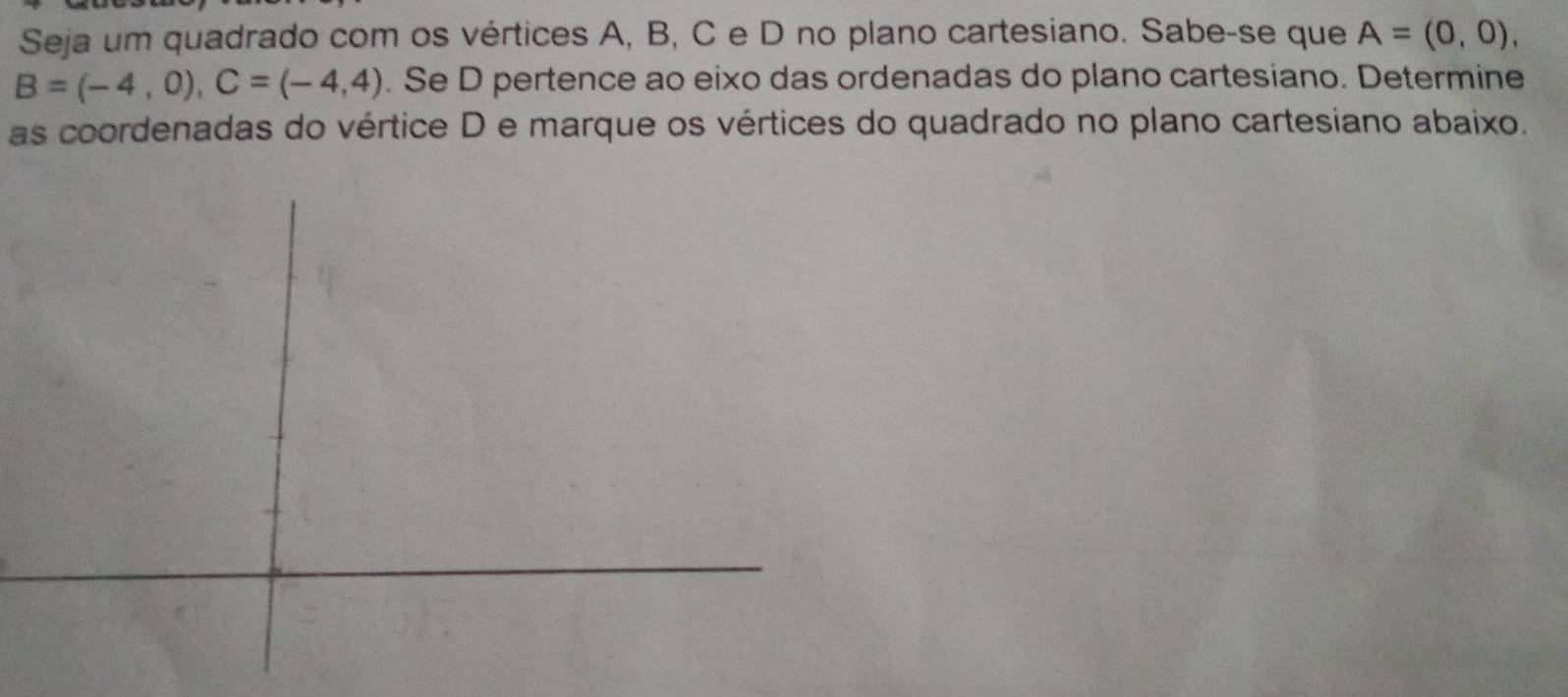 Seja um quadrado com os vértices A, B, C e D no plano cartesiano. Sabe-se que A=(0,0),
B=(-4,0), C=(-4,4). Se D pertence ao eixo das ordenadas do plano cartesiano. Determine 
as coordenadas do vértice D e marque os vértices do quadrado no plano cartesiano abaixo.