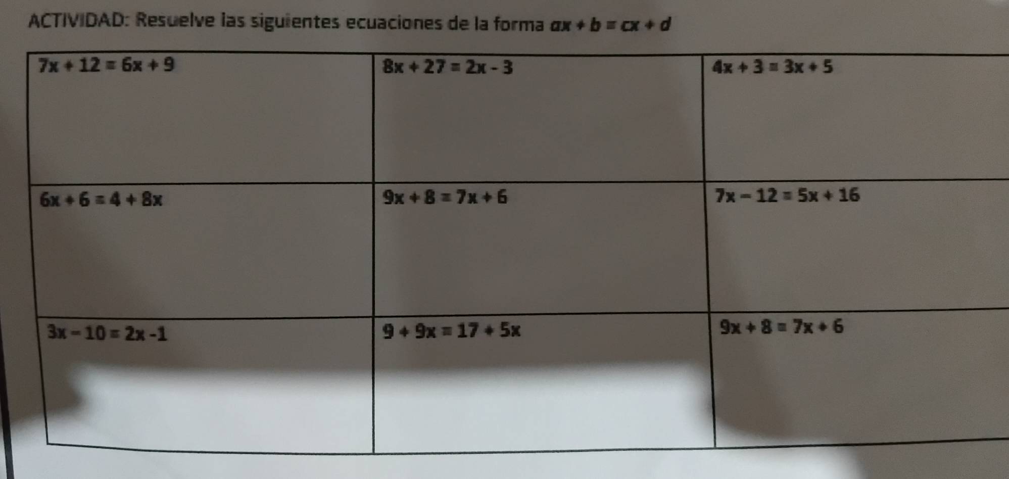 ACTIVIDAD: Resuelve las siguientes ecuaciones de la forma ax+b=cx+d