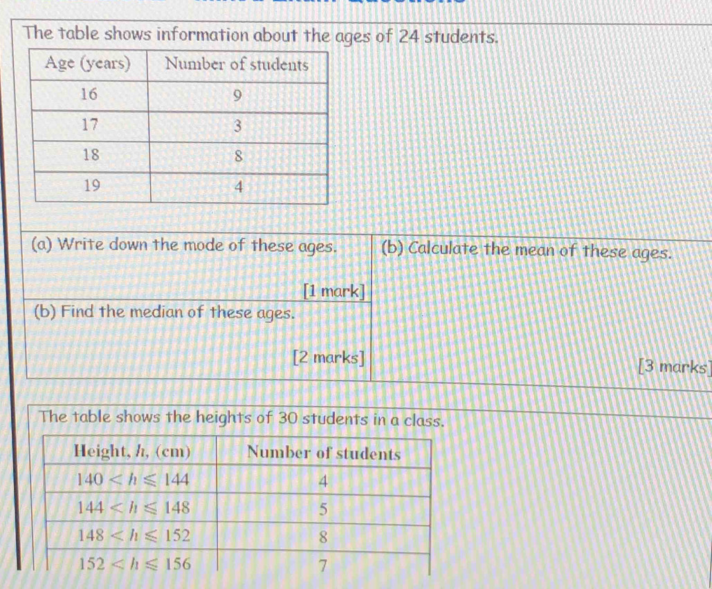 The table shows information about the ages of 24 students.
(a) Write down the mode of these ages. (b) Calculate the mean of these ages.
[1 mark]
(b) Find the median of these ages.
[2 marks] [3 marks]
The table shows the heights of 30 students in a class.