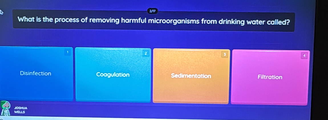 What is the process of removing harmful microorganisms from drinking water called?
1
2
3
4
Disinfection Coagulation Sedimentation Filtration
JOSHUA
weLLs