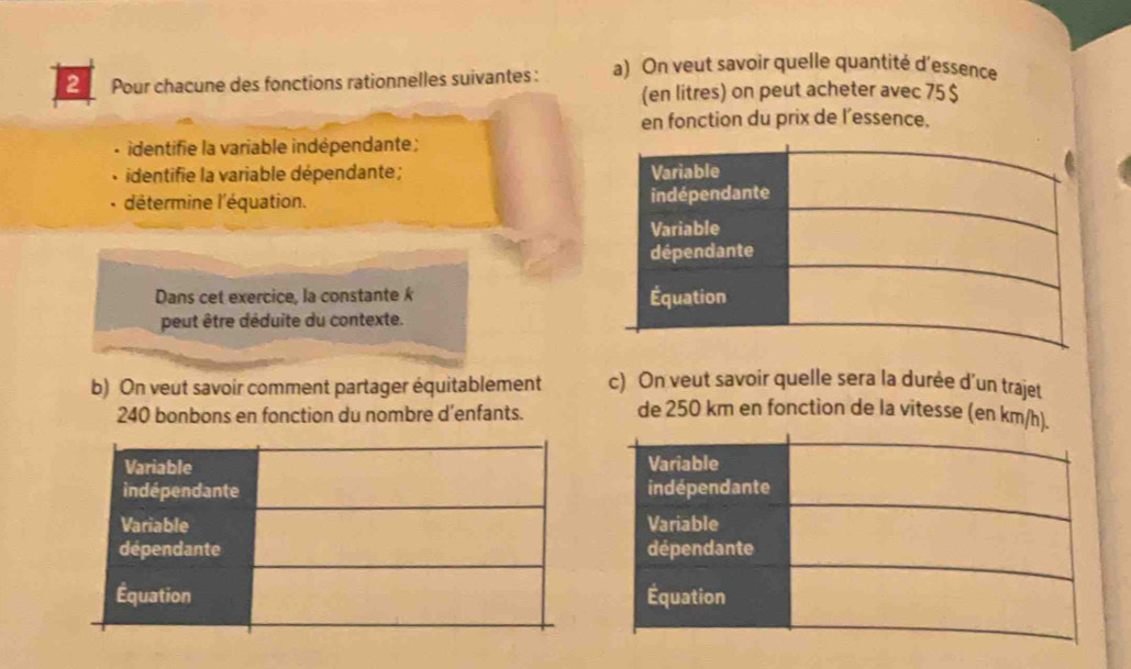 Pour chacune des fonctions rationnelles suivantes : a) On veut savoir quelle quantité d'essence 
(en litres) on peut acheter avec 75$
en fonction du prix de l’essence. 
- identifie la variable indépendante ; 
identifie la variable dépendante ; 
détermine l'équation. 
Dans cet exercice, la constante k 
peut être déduite du contexte. 
b) On veut savoir comment partager équitablement c) On veut savoir quelle sera la durée d’un trajet
240 bonbons en fonction du nombre d’enfants. de 250 km en fonction de la vitesse (en km/