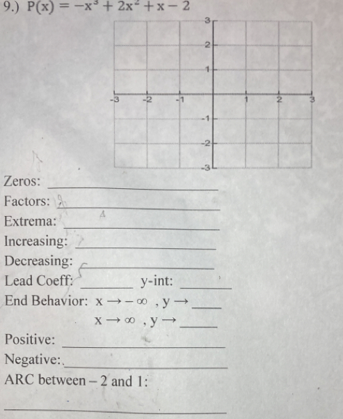 9.) P(x)=-x^3+2x^2+x-2
_
Zeros:
_
Factors:
_
Extrema:
Increasing:_
Decreasing:_
Lead Coeff: _y-int:_
End Behavior: xto -∈fty , y· _
xto ∈fty , y- _
_
Positive:
Negative:_
ARC between - 2 and 1 :
_