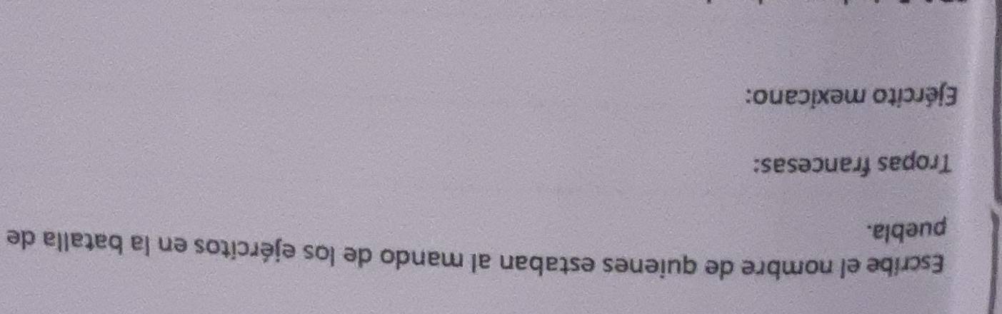 Escribe el nombre de quienes estaban al mando de los ejércitos en la batalla de 
puebla. 
Tropas francesas: 
Ejército mexicano: