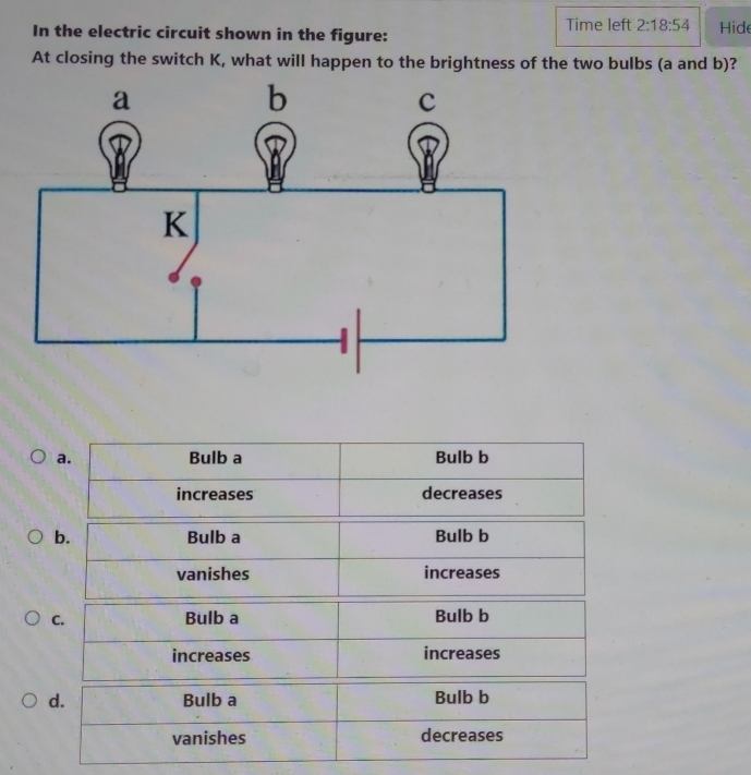 Time left 2:18:54 
In the electric circuit shown in the figure: Hide
At closing the switch K, what will happen to the brightness of the two bulbs (a and b)?
a. Bulb a Bulb b
increases decreases
b. Bulb a Bulb b
vanishes increases
C. Bulb a Bulb b
increases increases