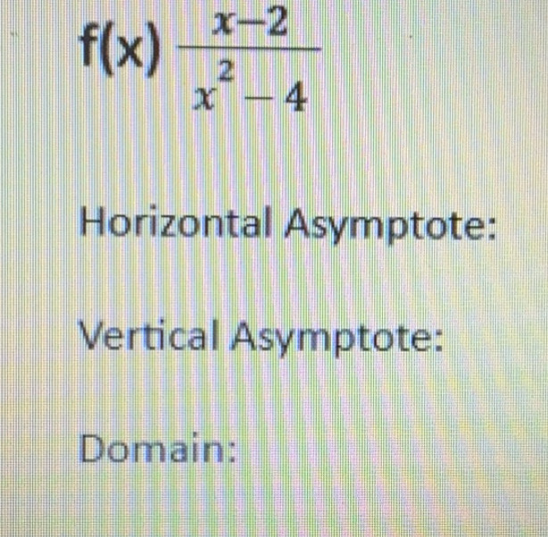 Solved: f(x) (x-2)/x^2-4 Horizontal Asymptote: Vertical Asymptote ...