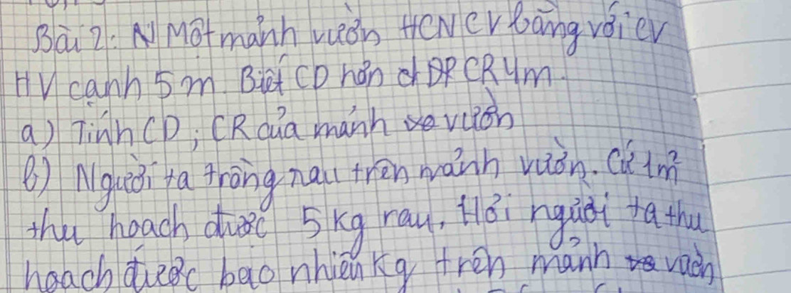 Bà 2.AMàtmanh veen Hewer bāng voie 
HVcanh 5m Biet Co hán CRUm 
a) TinhCD; CRdia manh vion 
() Nguái fa tràng nail frān wáih vuán. ( 1m^2
shu heach duǒ 5kg rau, Hèi hguài ta thu 
haachdueec bao nhinng frén mann vaèn