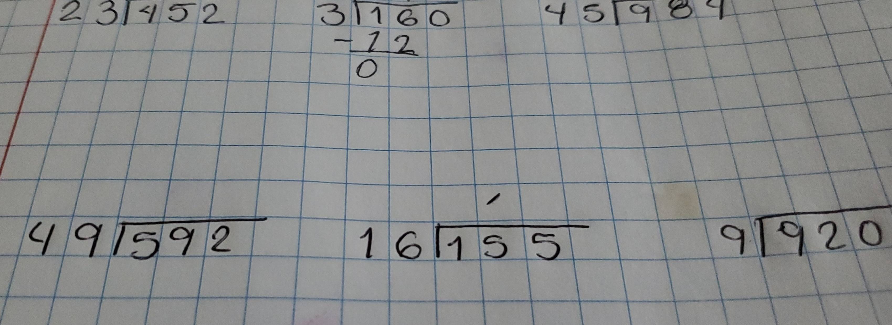 23/452
beginarrayr 3encloselongdiv 160 -12 hline 0endarray
45sqrt(9)84
49sqrt(592)
beginarrayr 16encloselongdiv 155endarray
9sqrt(920)