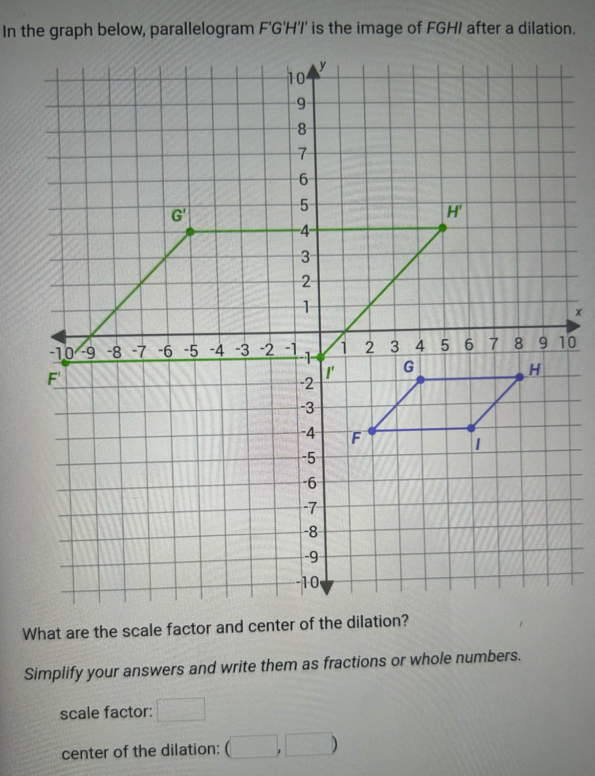 In the graph below, parallelogram F'G'H'I' is the image of FGHI after a dilation.
Simplify your answers and write them as fractions or whole numbers.
scale factor: □
center of the dilation: (□ ,□ )