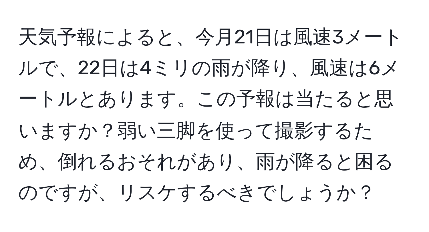 天気予報によると、今月21日は風速3メートルで、22日は4ミリの雨が降り、風速は6メートルとあります。この予報は当たると思いますか？弱い三脚を使って撮影するため、倒れるおそれがあり、雨が降ると困るのですが、リスケするべきでしょうか？