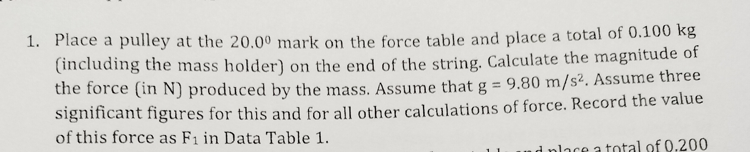 Place a pulley at the 20.0^0 mark on the force table and place a total of 0.100 kg
(including the mass holder) on the end of the string. Calculate the magnitude of 
the force (in N) produced by the mass. Assume that g=9.80m/s^2. Assume three 
significant figures for this and for all other calculations of force. Record the value 
of this force as F_1 in Data Table 1. 
ace a total of 0.200