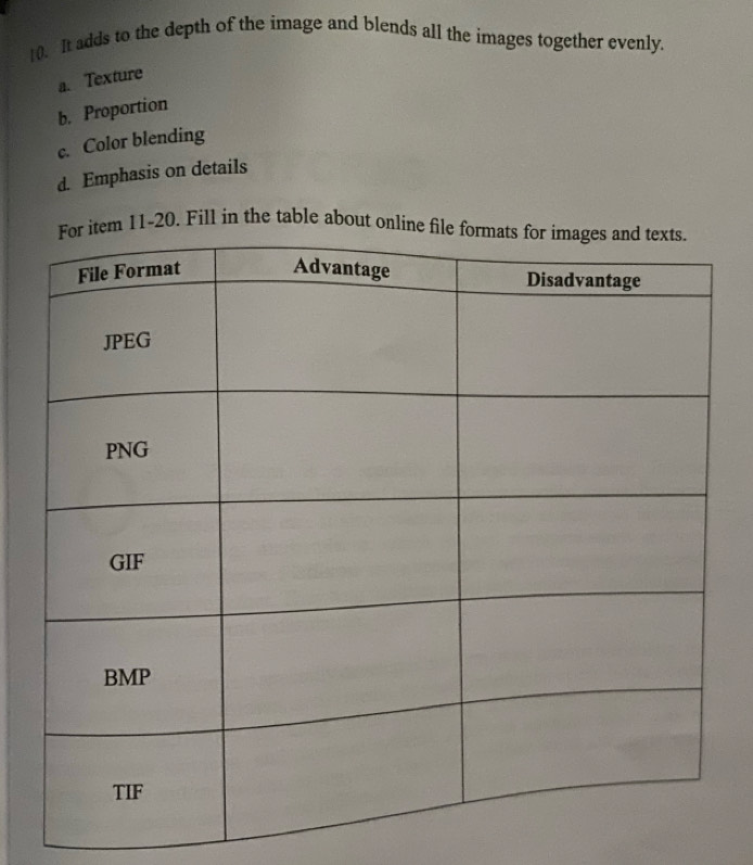 1(). It adds to the depth of the image and blends all the images together evenly.
a. Texture
b. Proportion
c. Color blending
d. Emphasis on details
-20. Fill in the table about