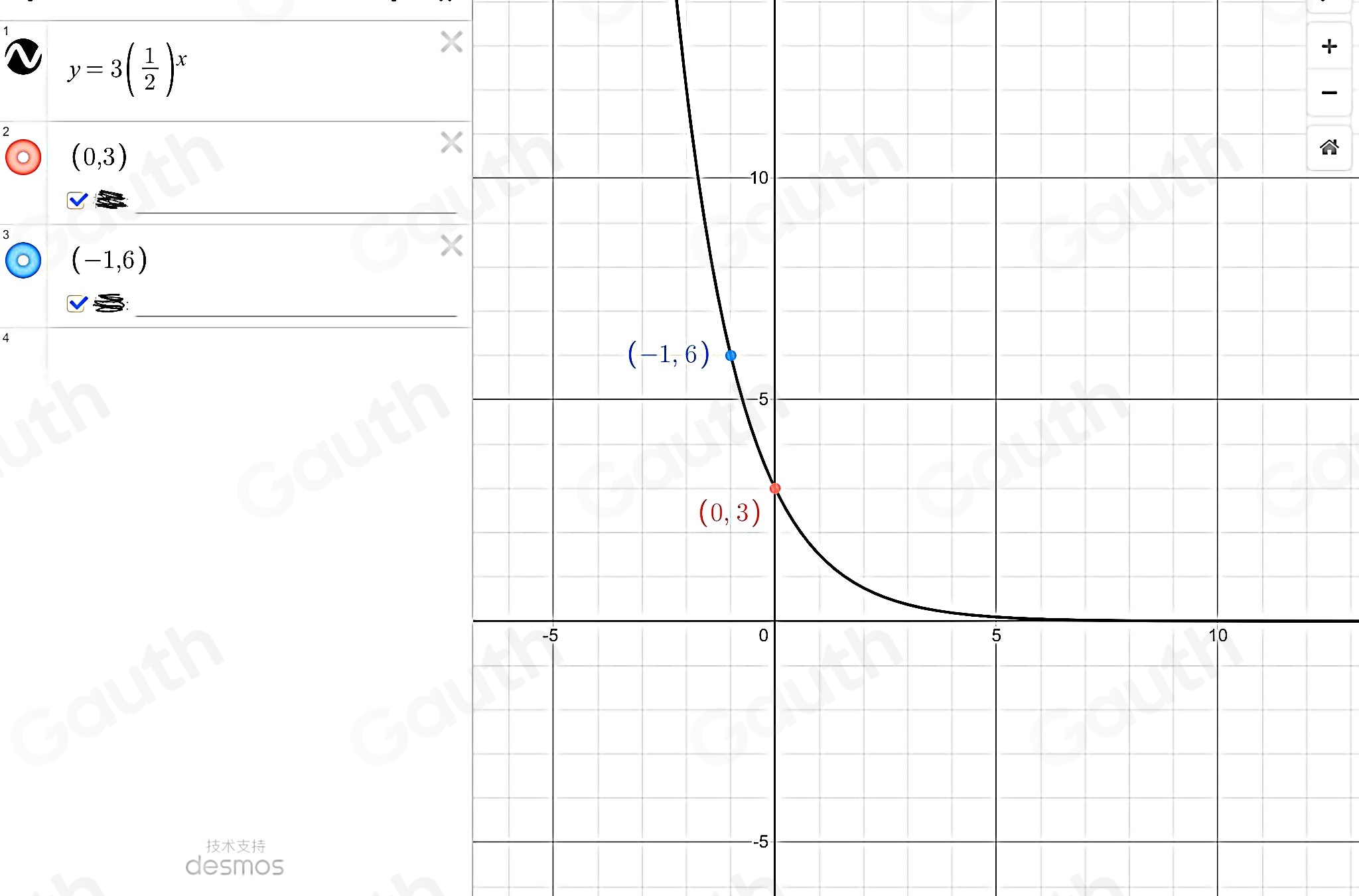 y=3( 1/2 )^x
+ 
2
(0,3)

3
(-1,6)

4 
desmos