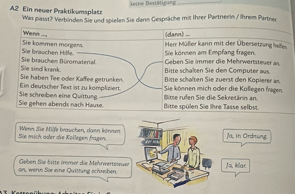 keine Bestätigung_ 
A2 Ein neuer Praktikumsplatz 
Was passt? Verbinden Sie und spielen Sie dann Gespräche mit Ihrer Partnerin / Ihrem Partner. 
Wenn ..., (dann) ... 
Sie kommen morgens. 
Herr Müller kann mit der Übersetzung helfen 
Sie brauchen Hilfe. Sie können am Empfang fragen. 
Sie brauchen Büromaterial. Geben Sie immer die Mehrwertsteuer an. 
Sie sind krank. Bitte schalten Sie den Computer aus. 
Sie haben Tee oder Kaffee getrunken. Bitte schalten Sie zuerst den Kopierer an. 
Ein deutscher Text ist zu kompliziert. Sie können mich oder die Kollegen fragen. 
Sie schreiben eine Quittung. Bitte rufen Sie die Sekretärin an. 
Sie gehen abends nach Hause. Bitte spülen Sie Ihre Tasse selbst. 
Wenn Sie Hilfe brauchen, dann können wan Ja, in Ordnung. 
Sie mich oder die Kollegen fragen. 
Geben Sie bitte immer die Mehrwertsteuer Ja, klar. 
an, wenn Sie eine Quittung schreiben.