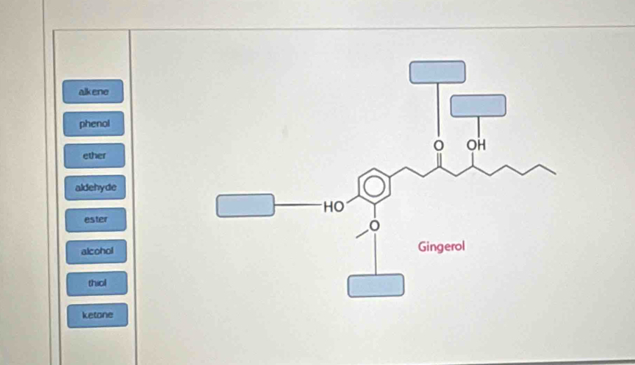 alkene
phenol
ether
aldehyde
ester
alcohol
thiol
ketone