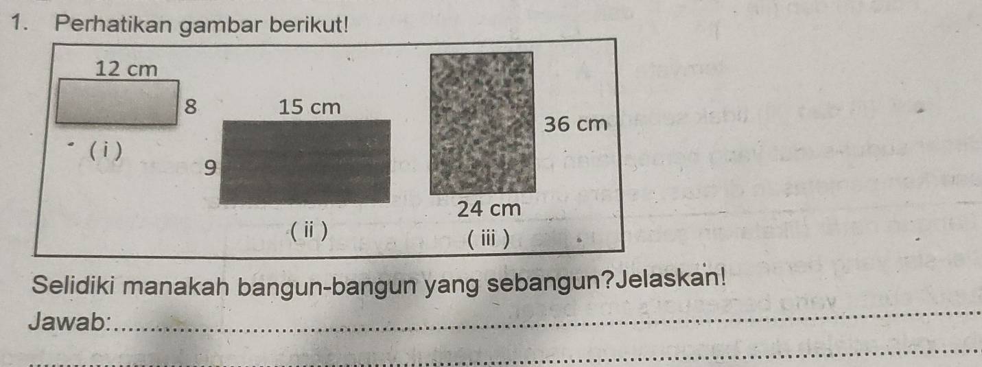 Perhatikan gambar berikut!
12 cm
(i ) 
_ 
Selidiki manakah bangun-bangun yang sebangun?Jelaskan! 
Jawab: 
_