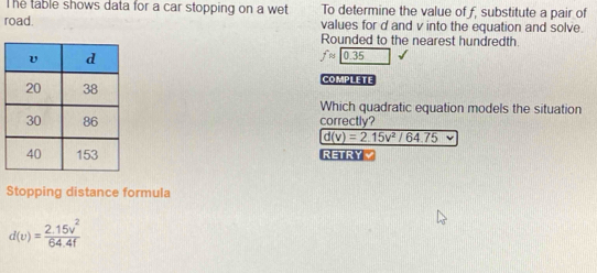 The table shows data for a car stopping on a wet To determine the value of f, substitute a pair of 
road. values for d and v into the equation and solve. 
Rounded to the nearest hundredth.
fapprox 0.35
COMPLETE 
Which quadratic equation models the situation 
correctly?
d(v)=2.15v^2/64.75
RETRY 
Stopping distance formula
d(upsilon )= (2.15v^2)/64.4f 