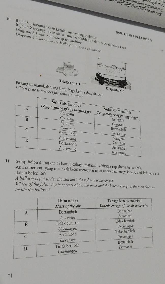 Bbəu šueß qeşeueur jer 
bolu dexierqip seued idoy uemes mes 
10 Rajah 8.1 menunjukkan ketulan ais sedang melebur 
TING. 4: BAB 4 HABA (HEAT) 
Diagram 8.1 shows a cube of ice melting 
Rajah 8.2 menunjukkan air sedang mendidíh di dalam sebuah bekas kac 
Diagram 8.2 shows water boiling in a glass container 
Diagram 8.1 
Pasangan manakah yang betul bagi kedua-ua situ 
Which pair is correct for bot 
11 Sebiji belon dibiarkan di bawahı cahaya matahari sehingga isipadunya bertambah. 
Antara berikut, yang manakah betul mengenai jisim udara dan tenaga kinetic molekul uadara di 
dalam belon itu? 
A balloon is put under the sun until the volume is increased. 
Which of the following is correct about the mass and the kinetic energy of the air molecules 
inside the balloon? 
7|