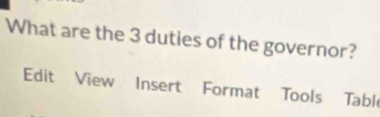 What are the 3 duties of the governor? 
Edit View Insert Format Tools Table