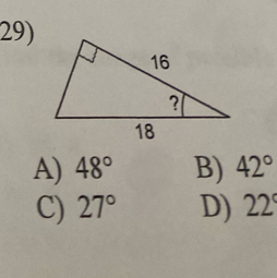 A) 48° B) 42°
C) 27° D) 22°