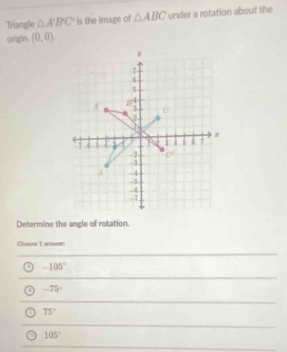 Triangle △ A'B'C' is the image of △ ABC under a rotation about the
arigin, (0,0).
Determine the angle of rotation.
Choose 1 answer:
o -105°
a -75°
75°
105°