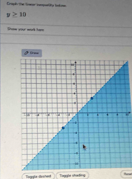 Graph the linear inequality below.
y≥ 10
Show your work here 
Draw 
Toggle dashed Toggle shading 
Rese