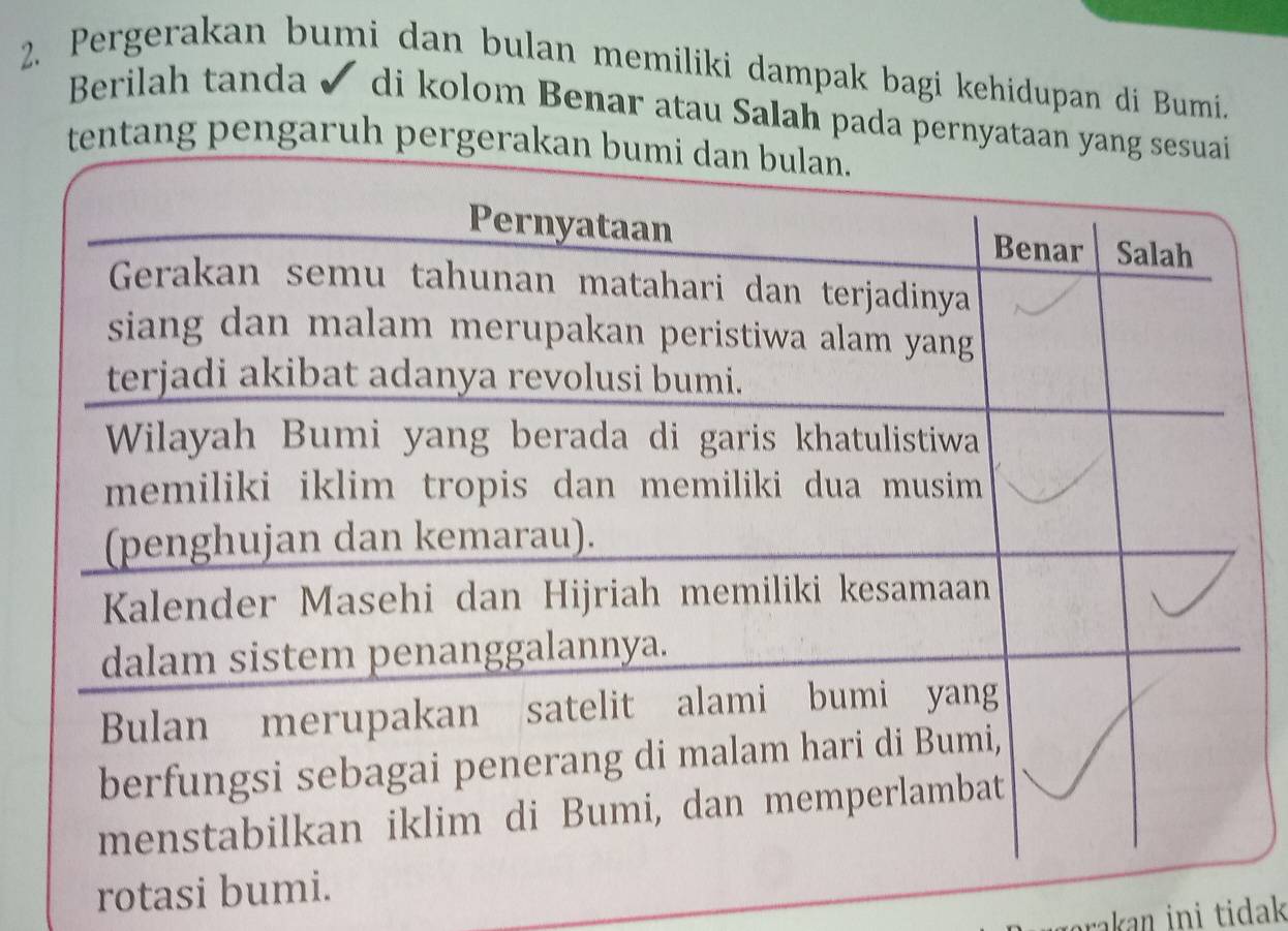 Pergerakan bumi dan bulan memiliki dampak bagi kehidupan di Bumi. 
Berilah tanda ✔ di kolom Benar atau Salah pada pernya 
tang pengaruh p 
rotasi bu 
rakan ini tidak