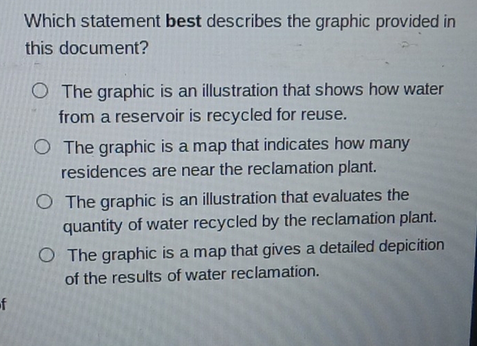 Which statement best describes the graphic provided in
this document?
The graphic is an illustration that shows how water
from a reservoir is recycled for reuse.
The graphic is a map that indicates how many
residences are near the reclamation plant.
The graphic is an illustration that evaluates the
quantity of water recycled by the reclamation plant.
The graphic is a map that gives a detailed depicition
of the results of water reclamation.
f