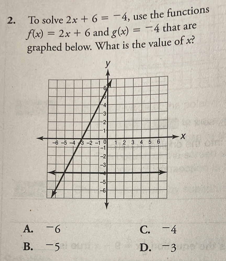 To solve 2x+6=-4 , use the functions
f(x)=2x+6 and g(x)=-4 that are
graphed below. What is the value of x?
A. -6 C. -4
B. -5 D. -3