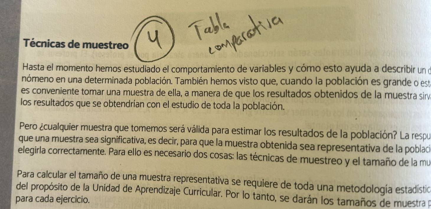 Técnicas de muestreo 
Hasta el momento hemos estudiado el comportamiento de variables y cómo esto ayuda a describir un o 
nómeno en una determinada población. También hemos visto que, cuando la población es grande o est 
es conveniente tomar una muestra de ella, a manera de que los resultados obtenidos de la muestra sirv 
los resultados que se obtendrían con el estudio de toda la población. 
Pero ¿cualquier muestra que tomemos será válida para estimar los resultados de la población? La respu 
que una muestra sea significativa, es decir, para que la muestra obtenida sea representativa de la poblaci 
elegirla correctamente. Para ello es necesario dos cosas: las técnicas de muestreo y el tamaño de la mu 
Para calcular el tamaño de una muestra representativa se requiere de toda una metodología estadístio 
del propósito de la Unidad de Aprendizaje Curricular. Por lo tanto, se darán los tamaños de muestra p 
para cada ejercicio.