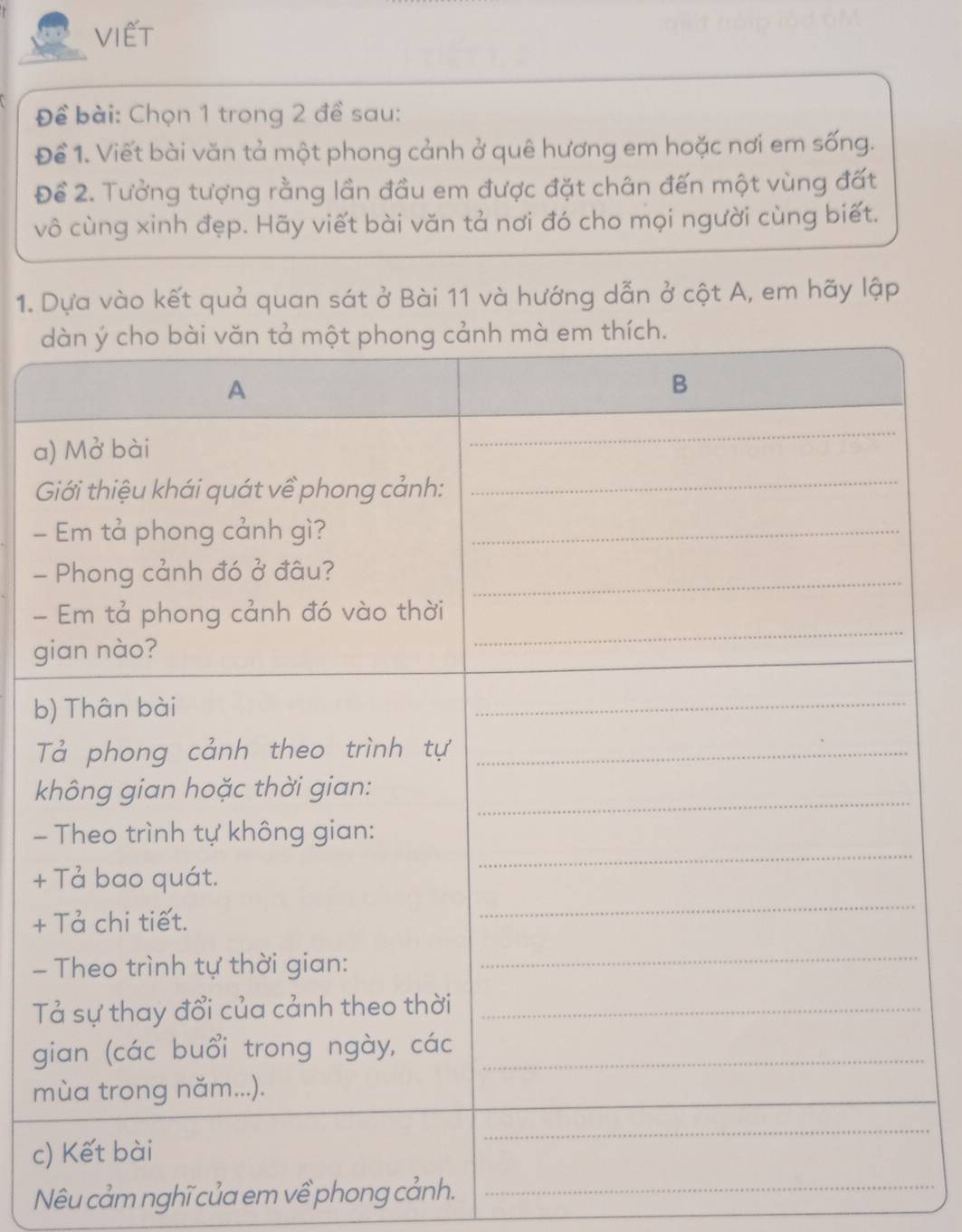 VIếT 
Đề bài: Chọn 1 trong 2 đề sau: 
Để 1. Viết bài văn tả một phong cảnh ở quê hương em hoặc nơi em sống. 
Để 2. Tưởng tượng rằng lần đầu em được đặt chân đến một vùng đất 
vô cùng xinh đẹp. Hãy viết bài văn tả nơi đó cho mọi người cùng biết. 
1. Dựa vào kết quả quan sát ở Bài 11 và hướng dẫn ở cột A, em hãy lập 
a 
G 
- 
- 
- 
g 
b 
T 
k 
- 
+ 
+ 
- 
T 
g 
m 
c 
Nêu cảm nghĩ của em về phong cảnh._