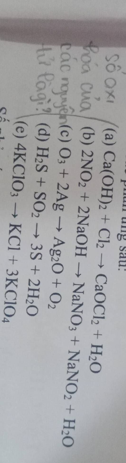 un ung sau. 
(a) Ca(OH)_2+Cl_2to CaOCl_2+H_2O
(b)
2NO_2+2NaOHto NaNO_3+NaNO_2+H_2O
(c) O_3+2Agto Ag_2O+O_2
(d) H_2S+SO_2to 3S+2H_2O
(e) 4KClO_3to KCl+3KClO_4