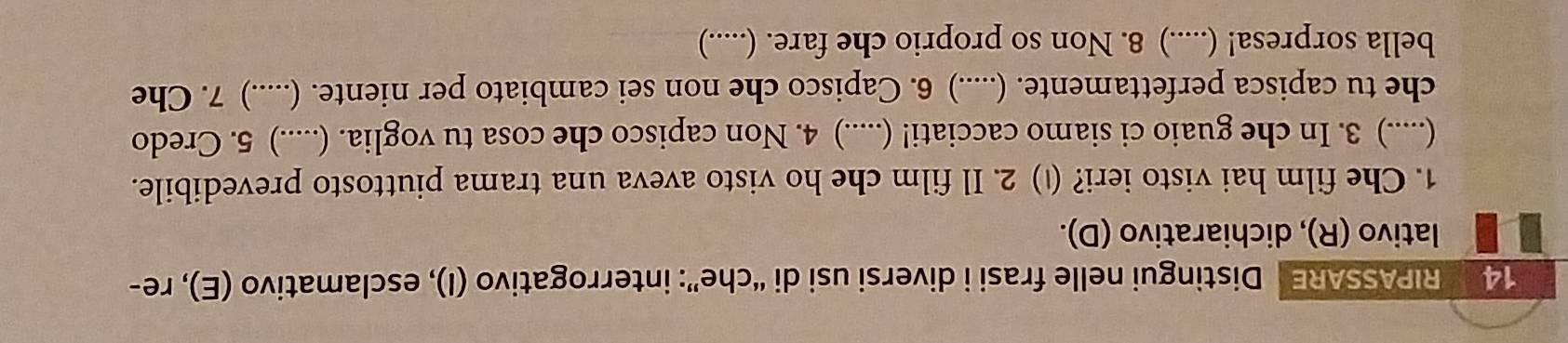 RIPASSARE Distingui nelle frasi i diversi usi di “che”: interrogativo (I), esclamativo (E), re- 
lativo (R), dichiarativo (D). 
1. Che film hai visto ieri? () 2. Il film che ho visto aveva una trama piuttosto prevedibile. 
(.....) 3. In che guaio ci siamo cacciati! (.....) 4. Non capisco che cosa tu voglia. (.....) 5. Credo 
che tu capisca perfettamente. (.....) 6. Capisco che non sei cambiato per niente. (.....) 7. Che 
bella sorpresa! (.....) 8. Non so proprio che fare. (.....)