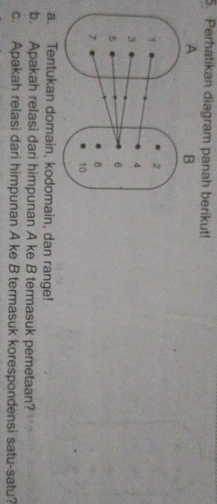 Perhatikan diagram panah berikut! 
a. Tentukan domain, kodomain, dan range! 
b. Apakah relasi dari himpunan A ke B termasuk pemetaan? 
c. Apakah relasi dari himpunan A ke B termasuk korespondensi satu-satu?