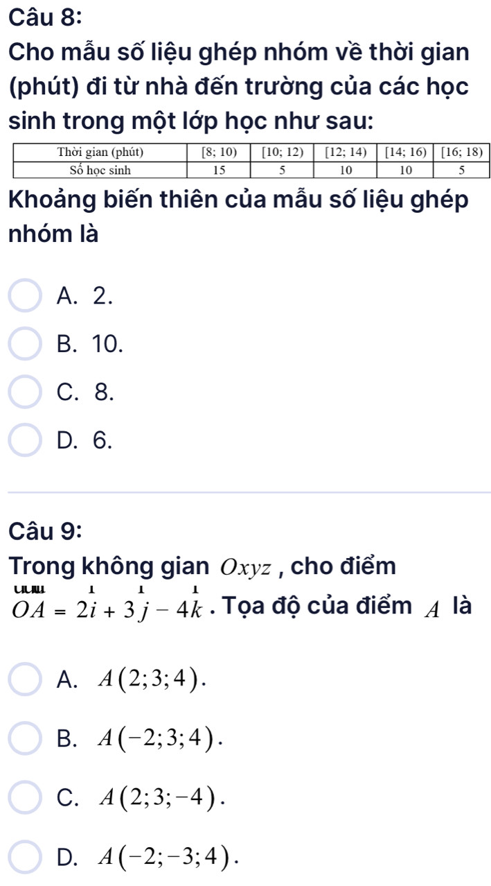 Cho mẫu số liệu ghép nhóm về thời gian
(phút) đi từ nhà đến trường của các học
sinh trong một lớp học như sau:
Khoảng biến thiên của mẫu số liệu ghép
nhóm là
A. 2.
B. 10.
C. 8.
D. 6.
Câu 9:
Trong không gian Oxyz , cho điểm
beginarrayr umu OA=2i+3j-4kendarray. Tọa độ của điểm 4 là
A. A(2;3;4).
B. A(-2;3;4).
C. A(2;3;-4).
D. A(-2;-3;4).