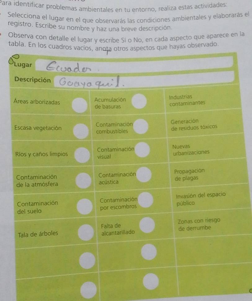 Para identificar problemas ambientales en tu entorno, realiza estas actividades: 
Selecciona el lugar en el que observarás las condiciones ambientales y elaborarás el 
registro. Escribe su nombre y haz una breve descripción. 
Observa con detalle el lugar y escribe Sí o No, en cada aspecto que aparece en la 
tabla. En losbservado.