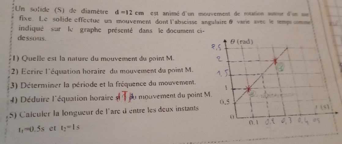 Un solide (S) de diamètre d=12cm est animé d'un mouvement de rotation autour d'un axe 
fixe. Le solide effectue un mouvement dont l'abscisse angulaire θ varie avec le temps comme 
indiqué sur le graphe présenté dans le document ci- 
dessous. 
1) Quelle est la nature du mouvement du point M. 
2) Écrire l'équation horaire du mouvement du point M. 
(3) Déterminer la période et la fréquence du mouvement. 
4 Déduire l'équation horaire s à mouvement du point 
5) Calculer la longueur de l'arc d'entre les deux instants
t_1=0.5s et t_2=1s