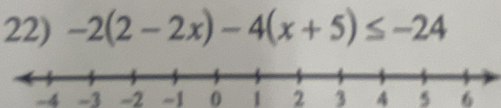 -2(2-2x)-4(x+5)≤ -24
-4 -3 -2 -1 0 1 2 3 4 5 6